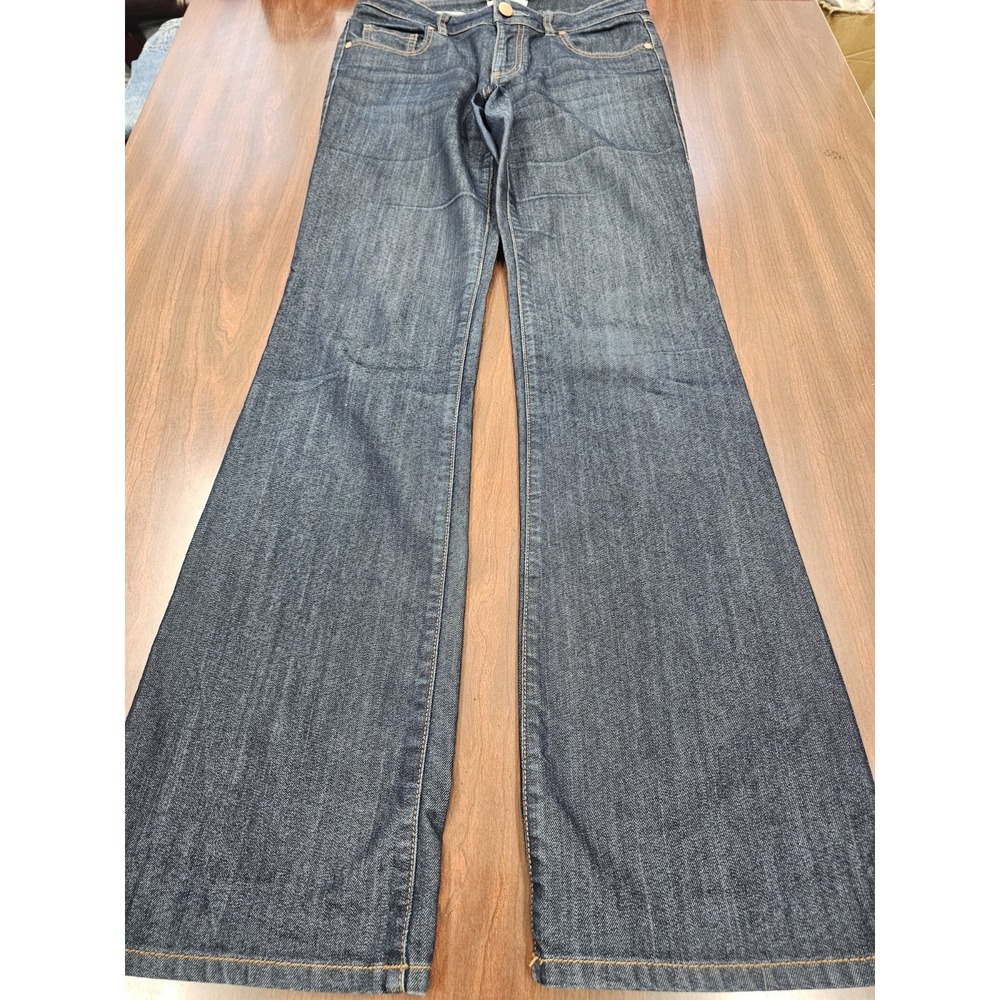 CAbi Jeans Womens Size 6 Dark Wash Wide Leg Flare Gold Stitch Low Rise